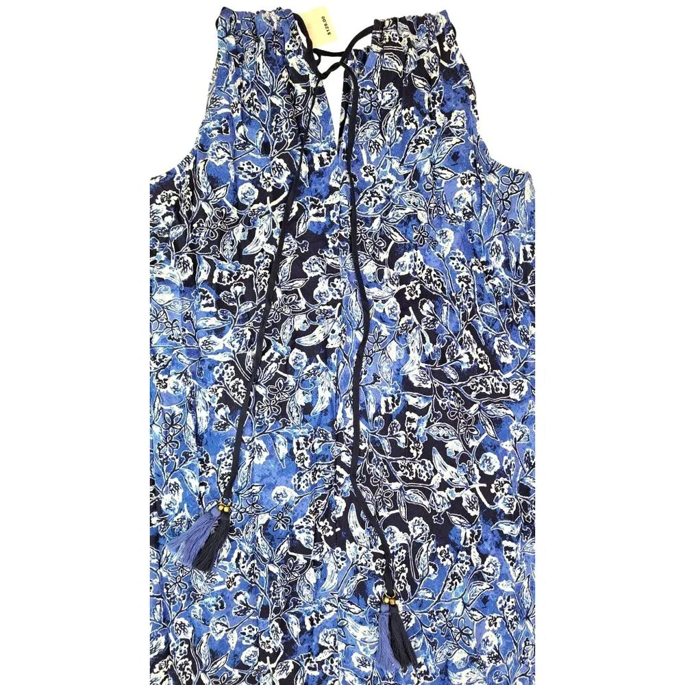 Lucky Brand Blue Floral Halter Maxi Dress Adjustable Tasseled Ties Size Large - Picture 4 of 10